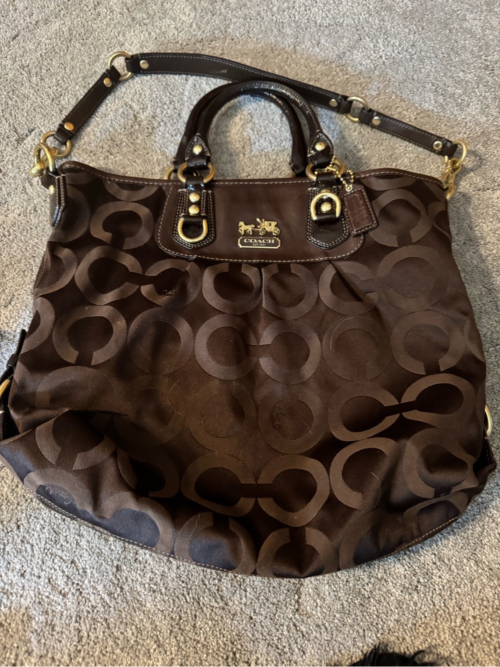Coach Dark Brown Signature Shoulder Tote with Gold Hardware